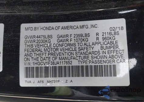 2018 Honda Accord Sport z USA, uszkodzony, nr VIN 1HGCV1F38JA117652